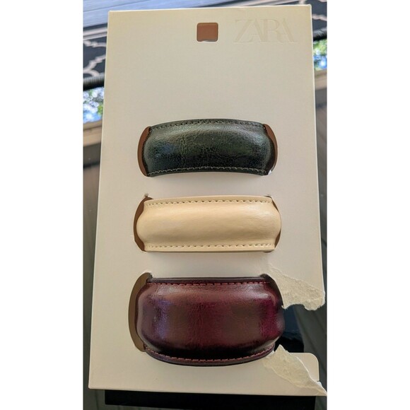 ZARA Women NEW Pack Of 3 Leather Cuff Bangle Bracelets Burgundy Green Cream Bend - Picture 1 of 14